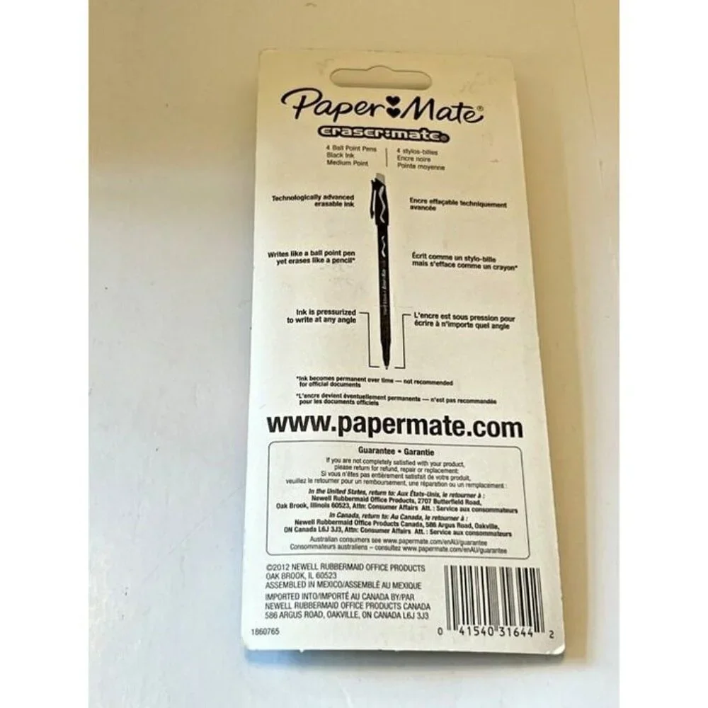 Paper Mate Erasermate Erasable Pens 4 Pack Medium Tip Black Ballpoint‎ NOS 2012